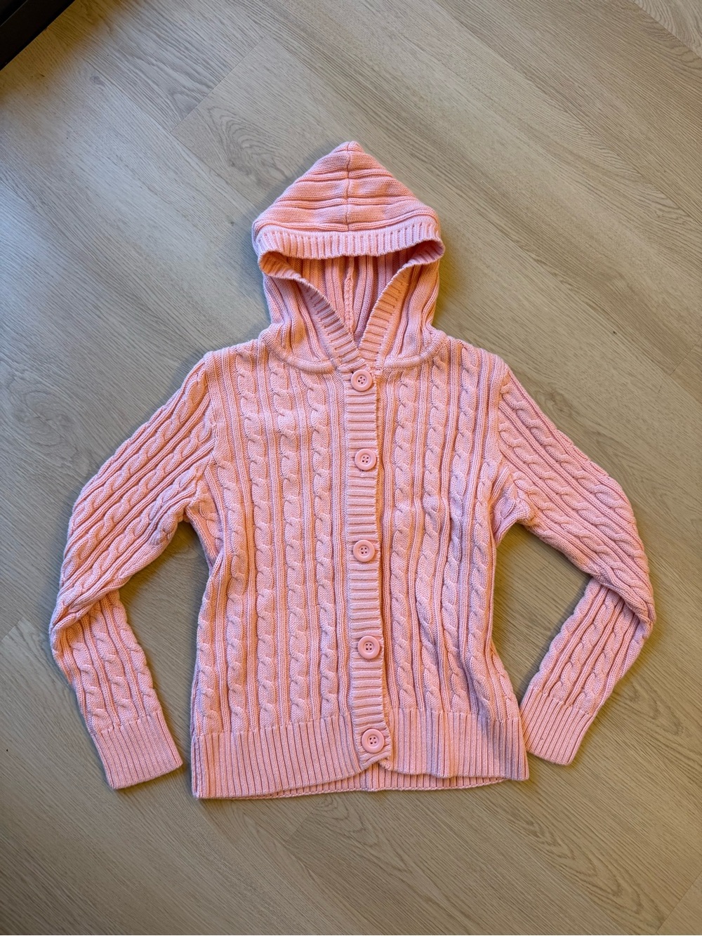 Faded Glory Hooded Cable Knit Button-Front Sweater - Salmon color size S